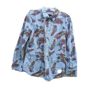 Talbots Button Up Shirt Size SP Blue Floral Paisley Long Sleeve Cotton Work Job